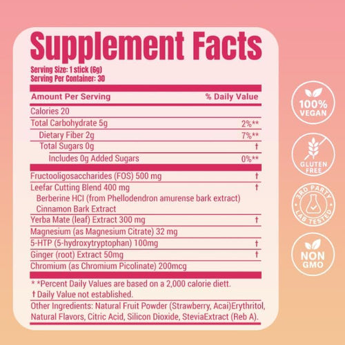 Cutting Drink Mix - Berberine, 5-HTP & Yerba Mate for Satiety Signaling, Metabolism & Gut Health - Strawberry Açaí Flavored, 30 Count